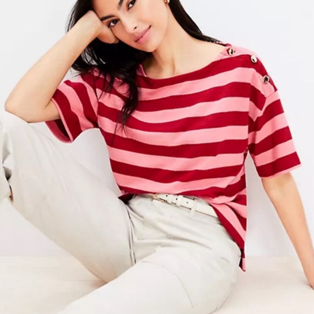 Loft Womens Striped Shoulder Button Harbor Tee XS Pink Cotton Boxy Nautical